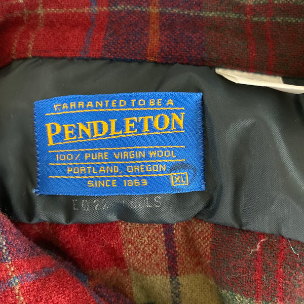 Tag View of Pendleton Red Blue & Green Plaid Wool Board Shirt SZ XL