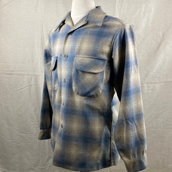 Left Angle View of Vintage Blue/Tan Pendleton Shadow Plaid Board Shirt SZ M