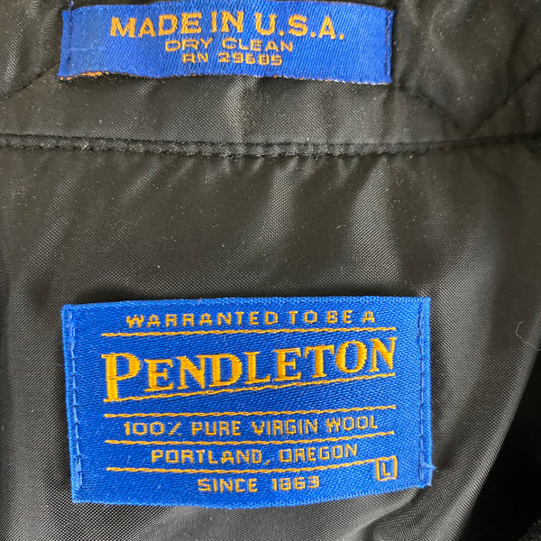 Tag View of Pendleton Black Stewart Tartan Trail Shirt Wool Flannel Shirt SZ L