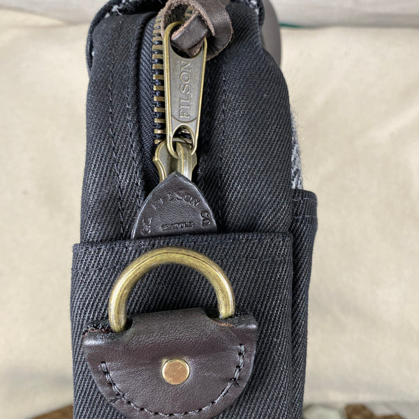 Filson Zips and Bridle Leather Accents on Filson Harris Tweed Original Black Rugged Twill Wool Briefcase Style 70066