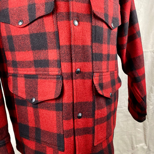 Front Chest View on Vintage Union Made Filson Red and Black Buffalo Plaid Mackinaw Cruiser