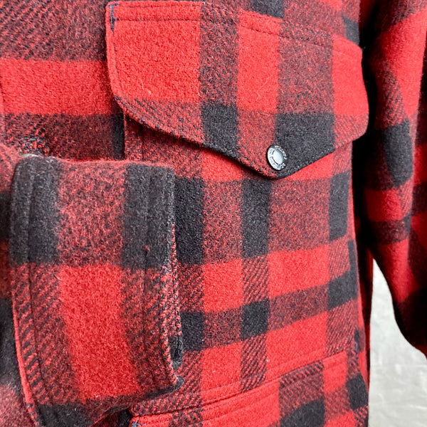 Right Cuff View on Vintage Union Made Filson Red and Black Buffalo Plaid Mackinaw Cruiser