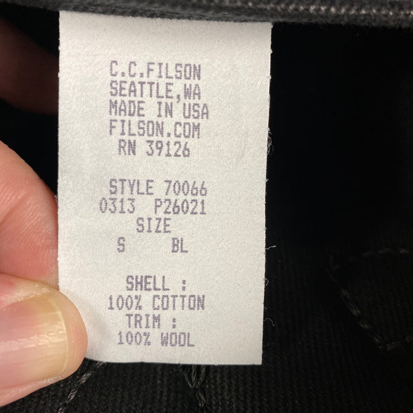 Production Tag on Filson Harris Tweed Original Black Rugged Twill Wool Briefcase Style 70066