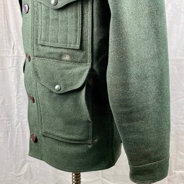 Lower Left Front Panel View With Repairs on Vintage Forest Green Filson Mackinaw Wool Cruiser