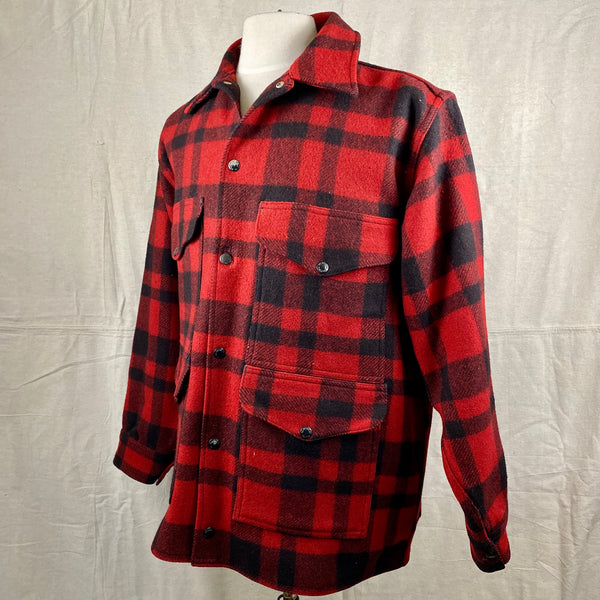 Left Angle View on Vintage Union Made Filson Red and Black Buffalo Plaid Mackinaw Cruiser