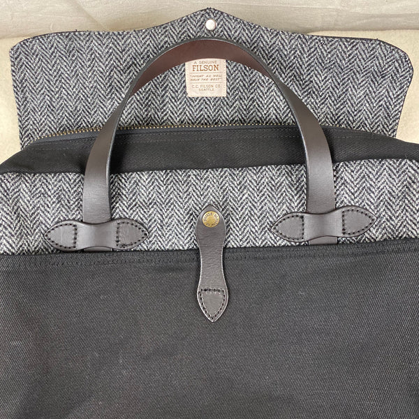 Filson Tag with Harris Tweed Wool Accents on Filson Harris Tweed Original Black Rugged Twill Wool Briefcase Style 70066