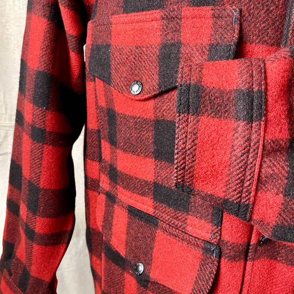 Left Cuff View on Vintage Union Made Filson Red and Black Buffalo Plaid Mackinaw Cruiser