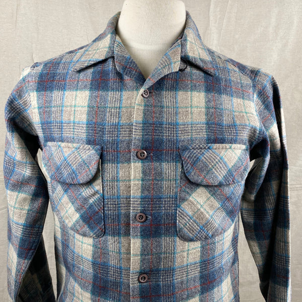 Upper Chest View on Vintage Blue/Grey/Red Pendleton Board Shirt SZ M
