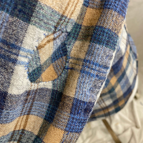 Patching on arm of Vintage Pendleton Blue/Grey Plaid Wool Flannel Shirt SZ M