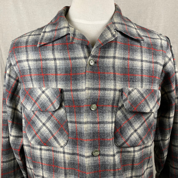 Upper Chest View of Vintage Pendleton Grey & Red Plaid Wool Board Shirt SZ M