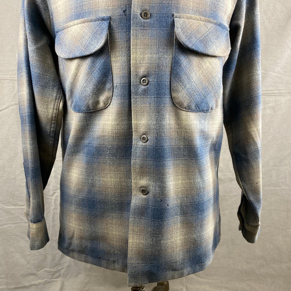 Lower Front View of Vintage Blue/Tan Pendleton Shadow Plaid Board Shirt SZ M