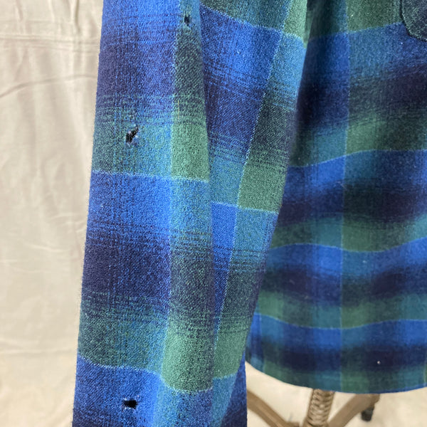 Small Moth Holes on Right Sleeve on Vintage Pendleton Blue & Green Shadow Plaid Wool Board Shirt SZ XL