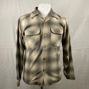 Front View of Vintage Pendleton Grey & Tan Shadow Plaid Wool Board Shirt SZ S