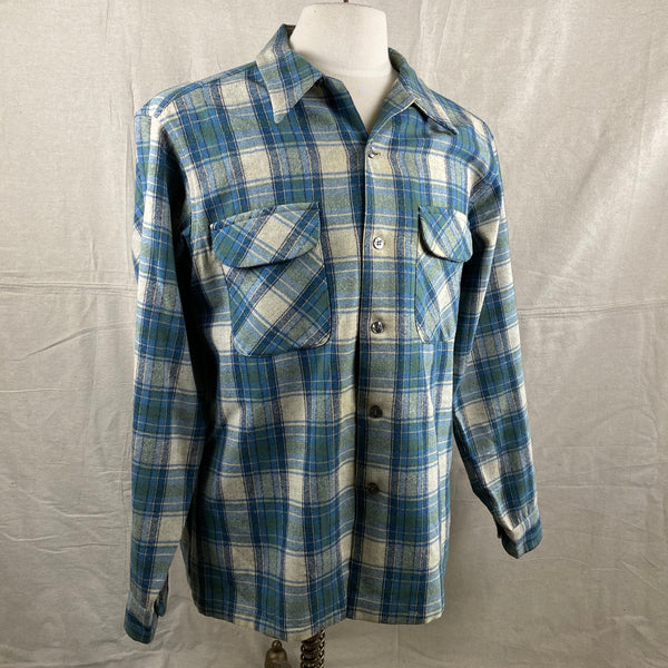 Right Angle View of Vintage Pendleton Blue/Green Plaid Wool Flannel Shirt SZ L