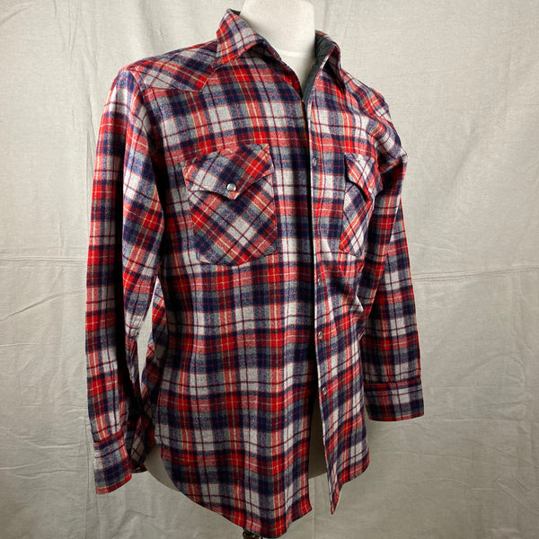 Right Angle View of Vintage Pendleton Red & Blue Plaid High Grade Western Wear Flannel Shirt SZ L