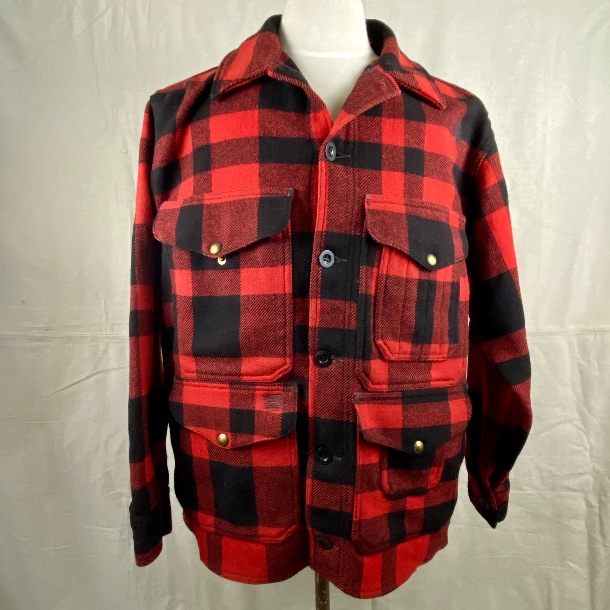 Front View on Vintage Union Made Filson Mackinaw Wool Cruiser Red and Black Buffalo Plaid