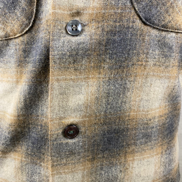 Button Replaced on front of Vintage Pendleton Grey & Tan Shadow Plaid Wool Board Shirt SZ S