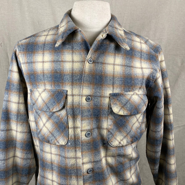 Upper Chest View of Vintage Grey and Tan Shadow Plaid Pendleton Board Shirt SZ XL