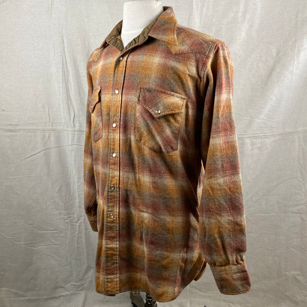 Left Angle View of Vintage Pendleton Brown/Orange Plaid High Grade Western Wear Flannel Shirt SZ L