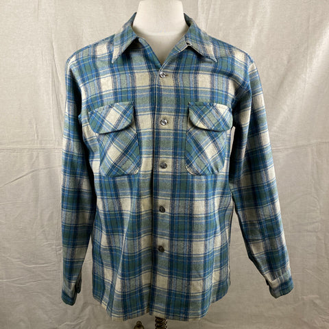 Front View of Vintage Pendleton Blue/Green Plaid Wool Flannel Shirt SZ L