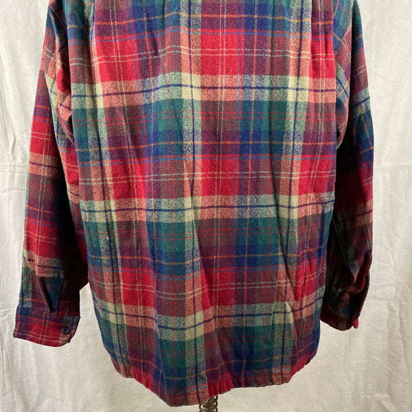 Lower Rear View of Pendleton Red Blue & Green Plaid Wool Board Shirt SZ XL