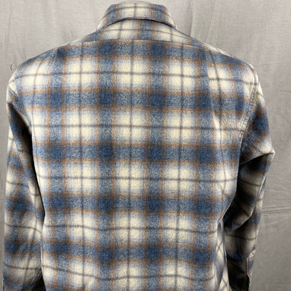 Upper Rear View of Vintage Grey and Tan Shadow Plaid Pendleton Board Shirt SZ XL