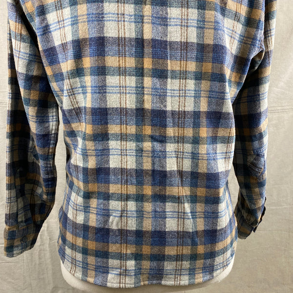 Lower Rear View of Vintage Pendleton Blue/Grey Plaid Wool Flannel Shirt SZ M