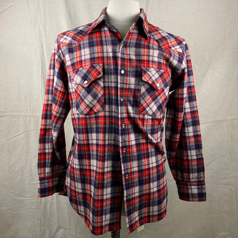 Front View of Vintage Pendleton Red & Blue Plaid High Grade Western Wear Flannel Shirt SZ L