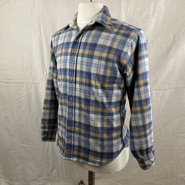 Left Angle View of Vintage Pendleton Blue/Grey Plaid Wool Flannel Shirt SZ M