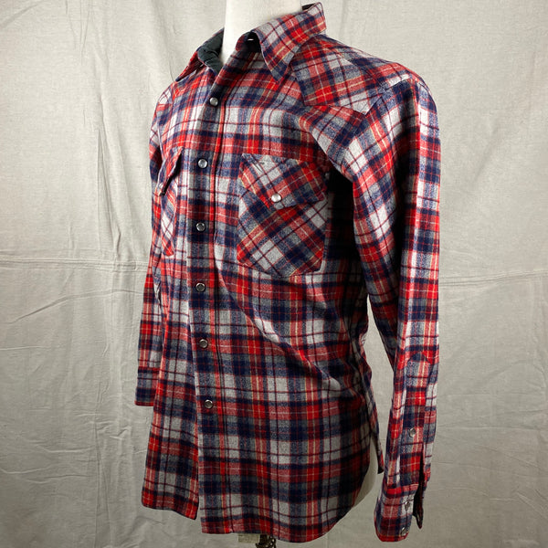 Left Angle View of Vintage Pendleton Red & Blue Plaid High Grade Western Wear Flannel Shirt SZ L