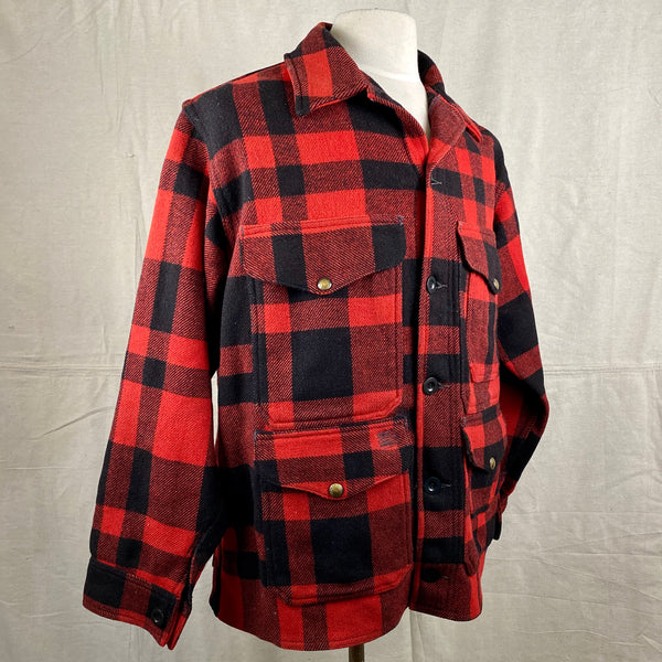 Right Angle View on Vintage Union Made Filson Mackinaw Wool Cruiser Red and Black Buffalo Plaid