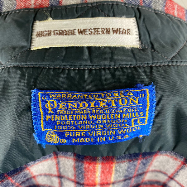 Tag View of Vintage Pendleton Red & Blue Plaid High Grade Western Wear Flannel Shirt SZ L