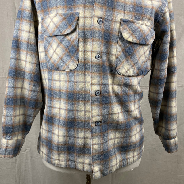 Lower Chest View of Vintage Grey and Tan Shadow Plaid Pendleton Board Shirt SZ XL