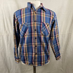 Front View of Pendleton Blue Yellow Red Trail Shirt Wool Flannel Shirt SZ M