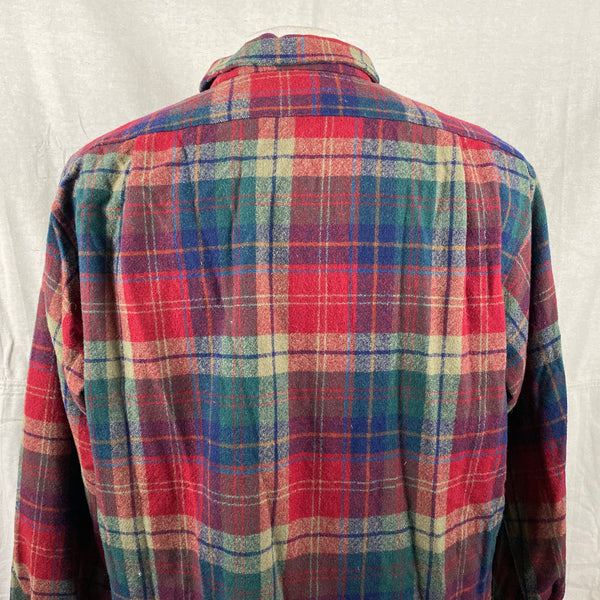 Upper Rear View of Pendleton Red Blue & Green Plaid Wool Board Shirt SZ XL