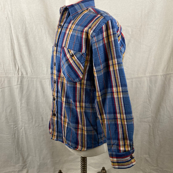 Left Angle View of Pendleton Blue Yellow Red Trail Shirt Wool Flannel Shirt SZ M