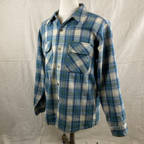 Left Angle View of Vintage Pendleton Blue/Green Plaid Wool Flannel Shirt SZ L