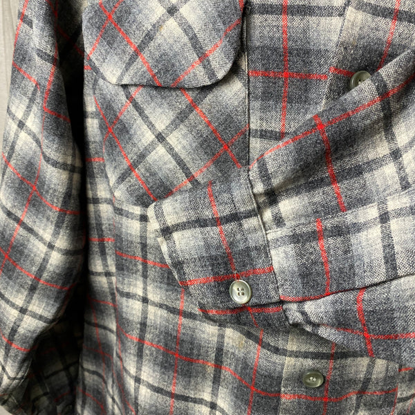 Left Cuff View of Vintage Pendleton Grey & Red Plaid Wool Board Shirt SZ M