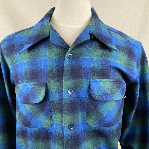 Upper Chest View of Vintage Pendleton Blue & Green Shadow Plaid Wool Board Shirt SZ XL