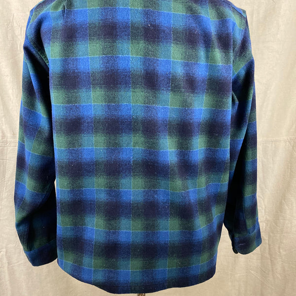 Lower Rear View on Vintage Pendleton Blue & Green Shadow Plaid Wool Board Shirt SZ XL