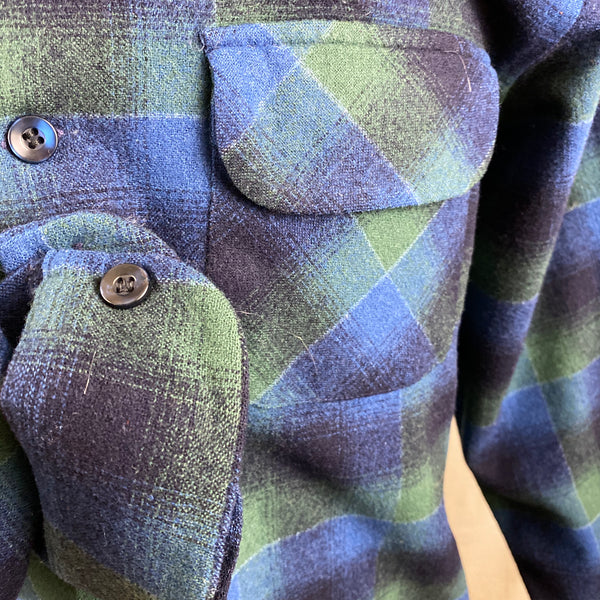 Right Cuff View on Vintage Pendleton Blue & Green Shadow Plaid Wool Board Shirt SZ XL
