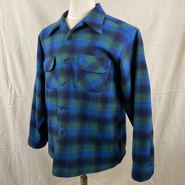 Left Angle View on Vintage Pendleton Blue & Green Shadow Plaid Wool Board Shirt SZ XL