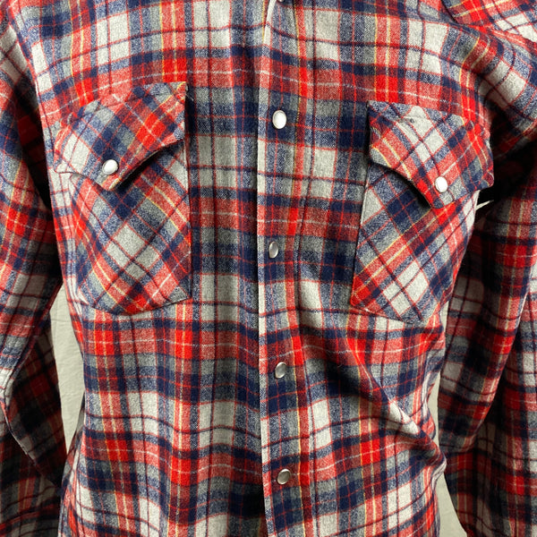 Chest View of Vintage Pendleton Red & Blue Plaid High Grade Western Wear Flannel Shirt SZ L