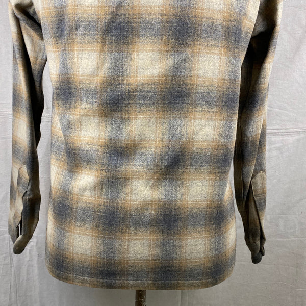 Lower Rear View of Vintage Pendleton Grey & Tan Shadow Plaid Wool Board Shirt SZ S