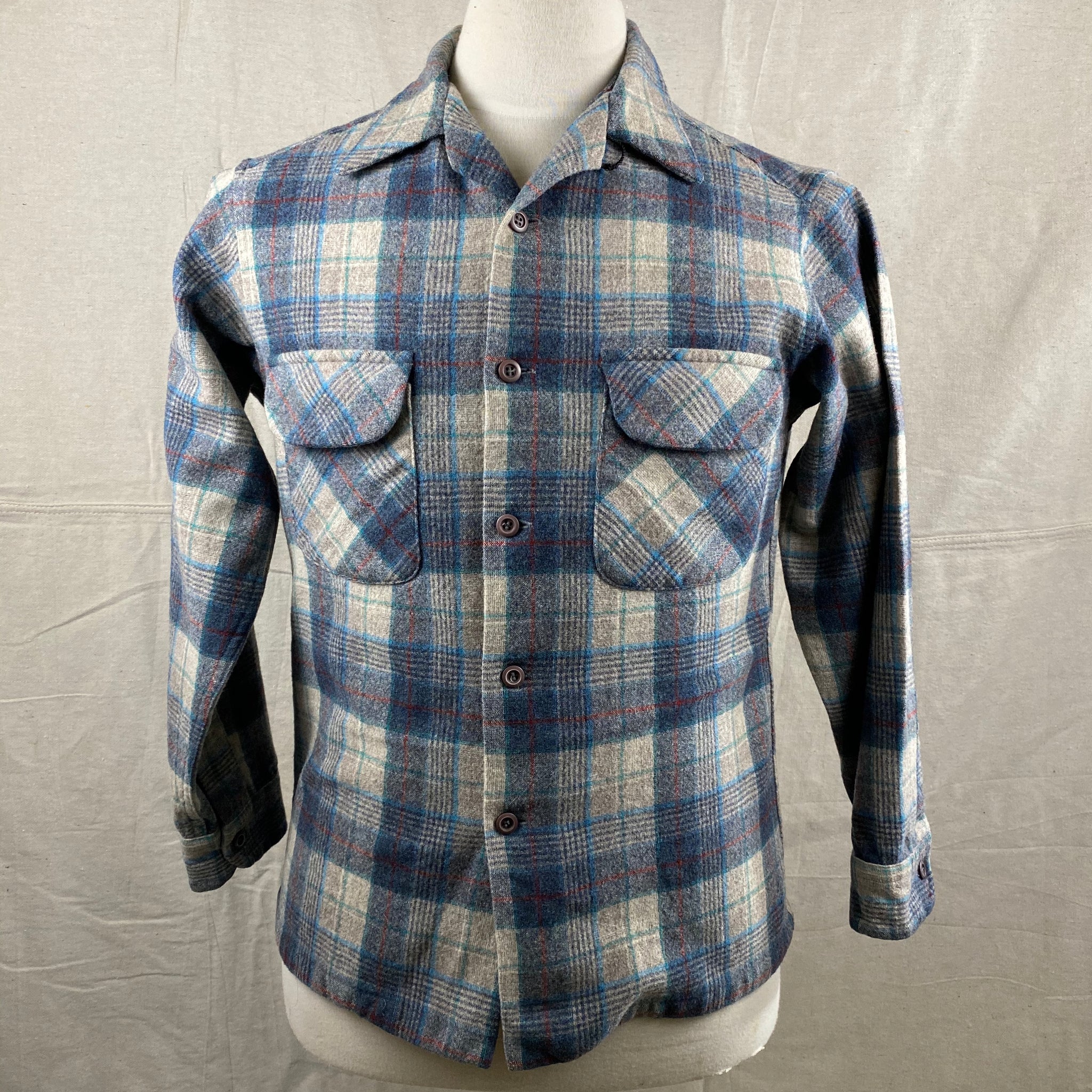 Front View of Vintage Blue/Grey/Red Pendleton Board Shirt SZ M