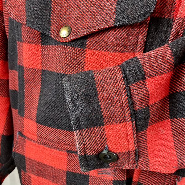 Left Cuff View on Vintage Union Made Filson Mackinaw Wool Cruiser Red and Black Buffalo Plaid