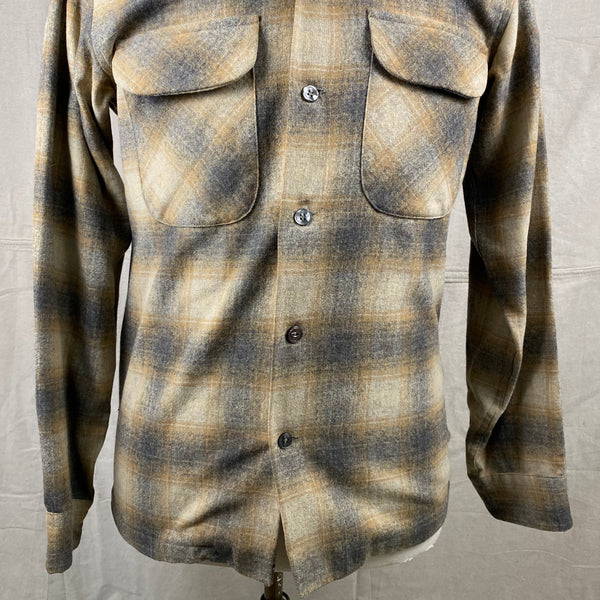 Lower Chest View of Vintage Pendleton Grey & Tan Shadow Plaid Wool Board Shirt SZ S