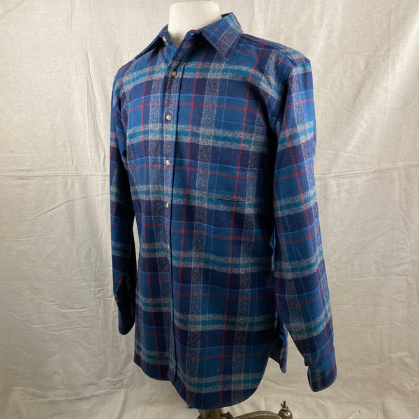 Left Angle View of Vintage Blue Plaid Pendleton Flannel Shirt SZ L