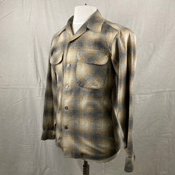 Left Angle View of Vintage Pendleton Grey & Tan Shadow Plaid Wool Board Shirt SZ S