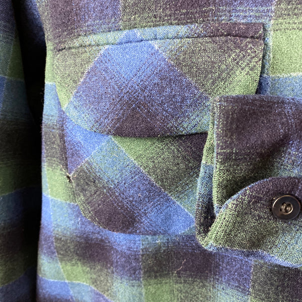 Left Cuff View on Vintage Pendleton Blue & Green Shadow Plaid Wool Board Shirt SZ XL